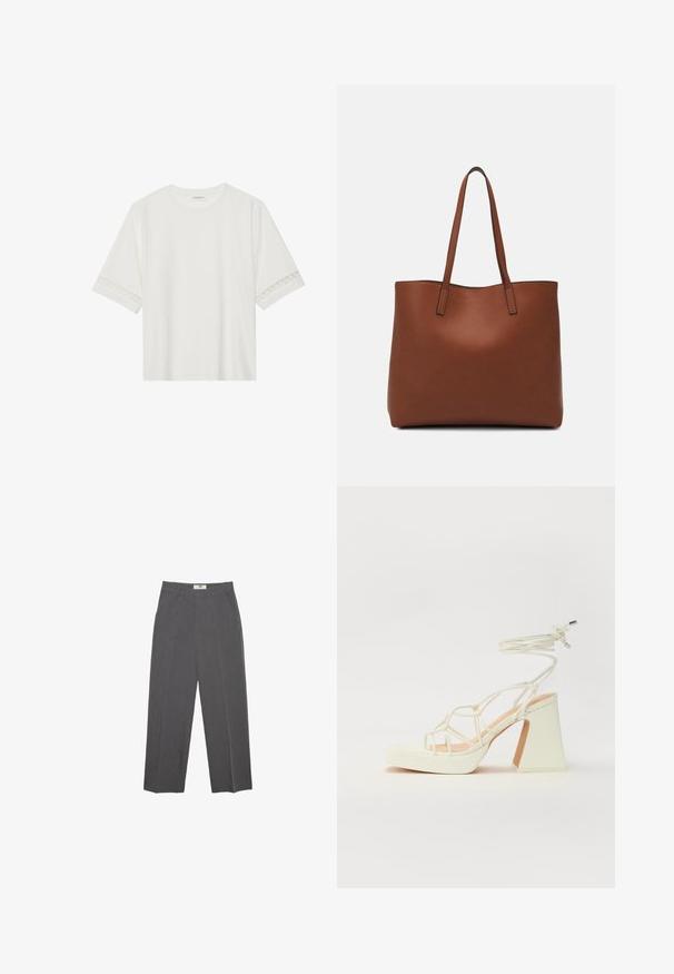 Weißes T-Shirt mit kurzen Ärmeln aus Baumwolle, mit dekorativem Spitzenbesatz entlang der Ärmel und einem runden Ausschnitt.; Graue gerade geschnittene Hose aus strukturiertem Stoff, mit mittelhohem Bund, Gürtelschlaufen und Seitentaschen. Keine sichtbaren Muster oder Akzente.; Weiße High-Heel-Sandale mit einem klobigen Absatz, die über ein Riemchendesign und ein Knöchelband verfügt. Glatte Textur mit einer Plattform vorne für zusätzliche Höhe.; Braune Leder-Tote mit glatter Textur, offenem Oberteil und zwei Schulterriemen. Verfügt über minimale Nähte und keine sichtbaren Beschläge.