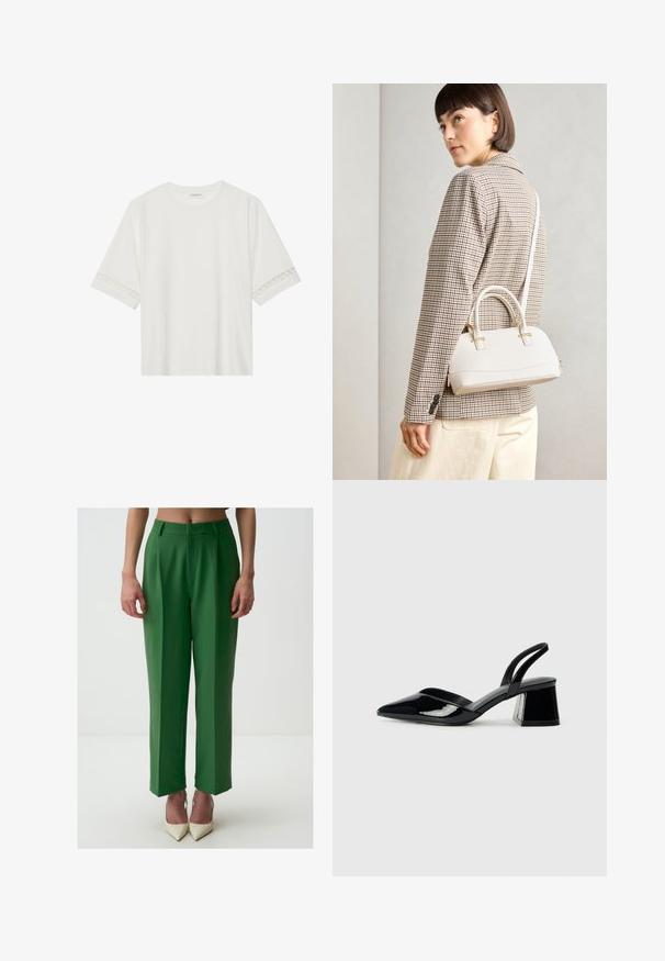 Witte korte mouwen t-shirt van katoen, met een decoratieve kantafwerking langs de mouwen en een ronde halslijn.; Groene op maat gemaakte broeken met een hoge taille, wijde benen en voorgesneden plooien. De stof heeft een gladde textuur, aangevuld met puntige witte hakken.; Zwarte gepatineerde leren slingback hakken met een spitse neus en een geometrische blokhak. Kenmerkt zich door een slank, minimalistisch ontwerp en een gladde textuur.; Witte gestructureerde handtas met korte handvatten en een schouderband, voorzien van gouden hardwareaccenten en een textuurmateriaal, tentoongesteld tegen een grijze achtergrond.