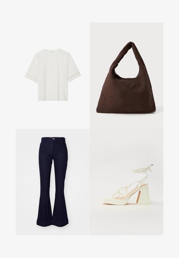Camiseta blanca de manga corta hecha de algodón, con un ribete decorativo de encaje en las mangas y un escote redondo.; Vaqueros de mezclilla oscuros de corte acampanado con una cintura alta, dos bolsillos traseros y costuras decorativas a lo largo de las costuras y el dobladillo.; Sandalia de tacón alto blanca con un tacón grueso, que presenta un diseño de tiras y un lazo en el tobillo. Textura suave con una plataforma en la parte delantera para mayor altura.; Bolso de mimbre marrón con forma relajada, una sola asa en bucle y una superficie texturizada. El diseño presenta un estilo hobo sin hardware adicional.
