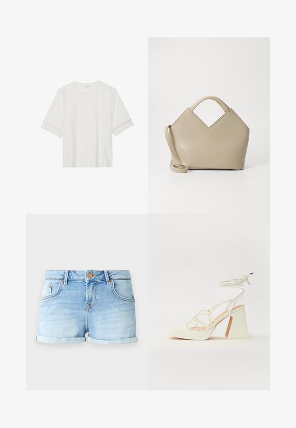 Λευκό κοντομάνικο μπλουζάκι φτιαγμένο από βαμβάκι, με διακοσμητική δαντέλα κατά μήκος των μανικιών και στρογγυλή λαιμόκοψη.; Τζιν σορτς σε ανοιχτό μπλε με διπλωμένο στρίφωμα, διαθέτοντας κλείσιμο με κουμπί, σχεδίαση πέντε τσεπών και ήπια ξεθώριασμα για υφή.; Λευκό πέδιλο με ψηλό τακούνι και χοντρή φτέρνα, διαθέτει σχέδιο με λουριά και λουράκι στον αστράγαλο. Λείο υλικό με μπροστινό πλατφόρμα για επιπλέον ύψος.; Μπεζ δομημένη τσάντα χειρός με V-σχήμα επάνω, από λεία δερμάτινη ύφασμα, κοντές χειρολαβές και μακρύ ρυθμιζόμενο λουρί. Μίνιμαλ σχέδιο.
