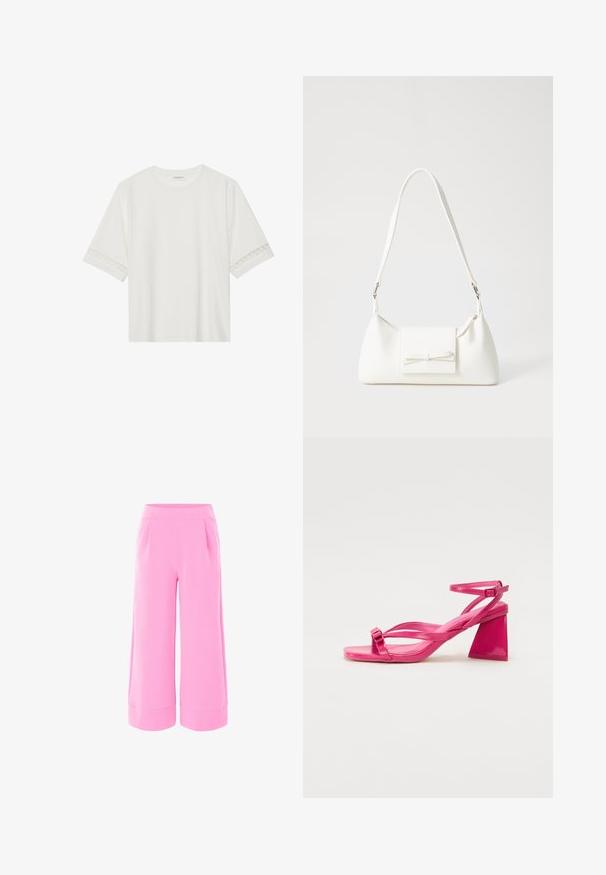 Valkoinen lyhythihainen t-paita, joka on valmistettu puuvillasta ja jossa on koristeellinen pitsireunus hihojen ympärillä sekä pyöreä pääntie.; Vaaleanpunaiset leveälahkeiset housut, joissa on sileä kangas, korkea vyötärö ja kaksi etupleatsia. Läpivienti on viimeistelty leveällä käänteellä.; Vaaleanpunaiset kiiltäväpintaiset korkokengät, joissa on neliömäinen kärki, kapeat hihnat ja geometrinen lohkokorko. Hihnassa on solkipainike.; Valkoinen synteettinen käsilaukku, jossa on kolmikulmainen muoto, tasainen etu läppä ja nauhadetail, säädettävä olkahihna, sileä rakenne ja minimalinen muotoilu.