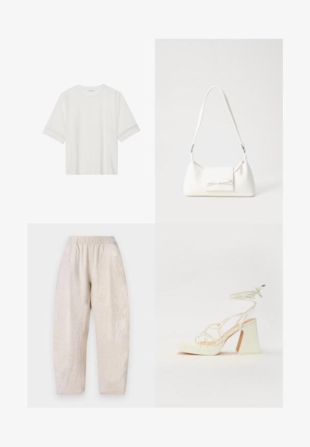 Biała, krótka koszulka z bawełny z dekoracyjnym koronkowym wykończeniem przy rękawach i okrągłym dekoltem.; Jasno beżowe, luźne spodnie z elastycznym pasem i subtelną fakturą. Proste nogawki lekko zwężają się w kostkach.; Biała sandał na wysokim obcasie z masywnym słupkiem, z paskowym wzorem i wiązaniem przy kostce. Gładka faktura z platformą z przodu dla dodatkowej wysokości.; Biała syntetyczna torba o trójkątnym kształcie, płaskim przednim klapce i detalach w postaci kokardy, regulowanym pasku, gładkiej fakturze oraz minimalistycznym designie.