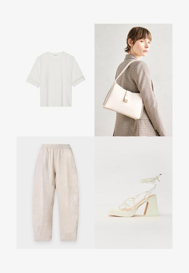 Biele tričko s krátkym rukávom vyrobené z bavlny, s dekoratívnym čipkovým lemovaním pozdĺž rukávov a okrúhlym výstrihom.; Svetlo béžové, voľné nohavice s elastickým pásom a jemnou textúrou. Rovno strihané nohy sa mierne zužujú pri členkoch.; Biele sandále na vysokom opätku s hrubým podpätkom, s pruhovaným dizajnom a viazaním na členku. Hladký povrch s platformou vpredu pre zvýšenú výšku.; Biely kožený kabelka so štruktúrovaným dizajnom, s magnetickým uzáverom a ramenným popruhom, vystavená na neutrálnom pozadí.