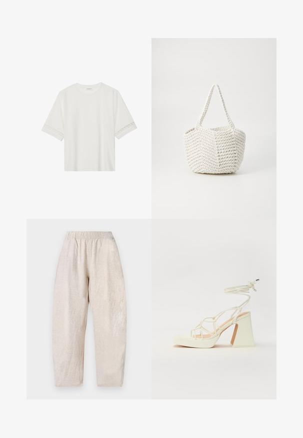 T-shirt bianco a maniche corte in cotone, con bordi in pizzo decorativi lungo le maniche e scollo rotondo.; Pantaloni beige chiaro, larghi, con un elastico in vita e una leggera trama. Gambe dritte che si restringono leggermente alle caviglie.; Sandalo bianco con tacco alto, caratterizzato da un design a cinturini e un legaccio alla caviglia. Texture liscia con una piattaforma frontale per un'altezza aggiuntiva.; Borsa intrecciata bianca con una finitura testurizzata, dotata di due manici e una forma strutturata, adatta per un uso casual.