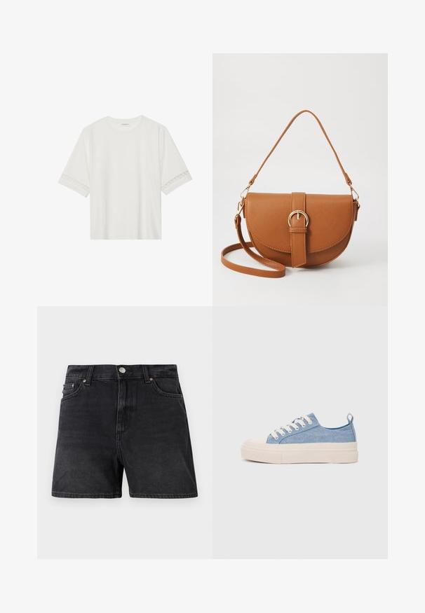 T-shirt blanc à manches courtes en coton, avec des bordures en dentelle décoratives le long des manches et un col rond.; Shorts en denim noir à la coupe classique, avec une fermeture à bouton, des poches devant et un tissu lisse au fini légèrement texturé.; Baskets en toile bleu clair avec une coque en caoutchouc crème et une semelle extérieure, dotées de lacets blancs et d'une languette au talon.; Sac bandoulière en cuir marron avec une forme incurvée, quincaillerie dorée et un accent en boucle. Comprend une bandoulière détachable.