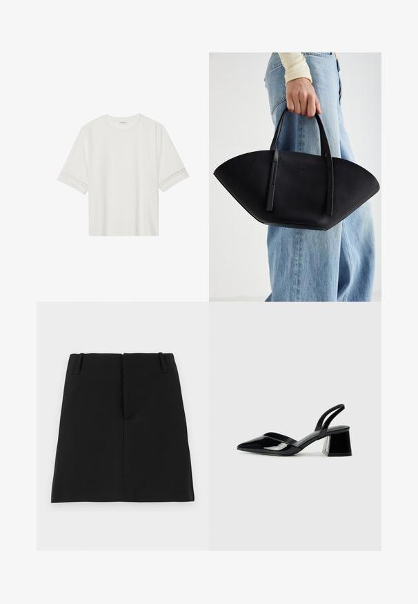 Fehér, rövid ujjas póló, pamutból készült, díszes csipkés szegéllyel az ujjak mentén és kerek nyakkivágással.; Fekete mini szoknya, testhez álló fazonban, elöl két zsebbel és egyenes alappal. Simára szőtt anyagból készült, melyen nincsenek látható minták.; Fekete lakk bőr szandálkés magas sarkú cipő, hegyes orral és geometrikus tömbsarkakkal. Karcsú, minimalista dizájn és sima textúra jellemzi.; Fekete bőr kézitáska egyedi legyezőformával, lapos füllel. A felülete kőriszerű textúrájú és minimalista dizájnnal rendelkezik.