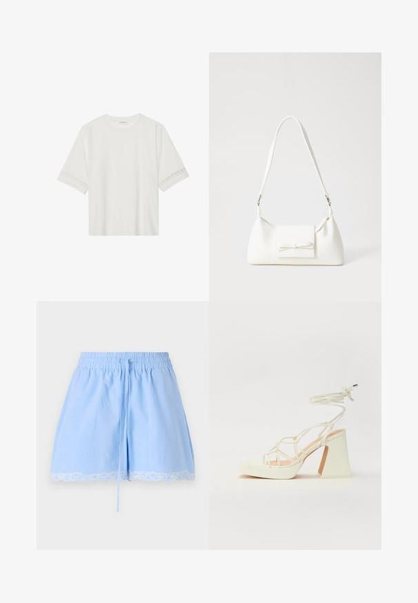 Bela kratka majica s kratkimi rokavi iz bombaža, okrašena z dekorativnim čipkastim robom ob rokavih in okroglo izrezom.; Svetlo modri bombažni šortsi z nabranim pasom, detajlom z vrvico in belim čipkastim robom. Mehka tekstura in sproščen kroj.; Bela sandala na visokih petah s debelim petam, ki ima obliko trakcev in vezanje okoli gležnja. Gladka tekstura z platformo spredaj za dodatno višino.; Bela sintetična torbica v obliki trikotnika, z ravnim sprednjim poklopcem in detajlom mašne, nastavljivim trakom, gladko teksturo in minimalističnim dizajnom.