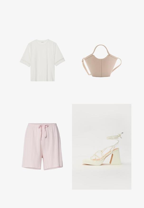 Vit kortärmad t-shirt i bomull, med dekorativa spetsdetaljer längs ärmarna och rund halsringning.; Ljust rosa bomullsshorts med ett strukturerat mönster, elastisk midja och justerbar dragsko. Längd till mitten av låret.; Vit högklackad sandal med en kraftig klack, med ett remdesign och ankelband. Slät textur med en plattform framtill för ökad höjd.; Beige läderhandväska med en unik form, med två korta handtag och ett långt justerbart axelband. Slät textur med minimal hårdvara.