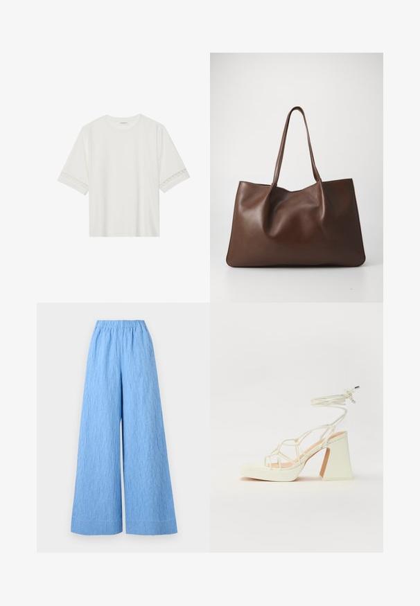 T-shirt branco de manga curta feito de algodão, com bainha de renda decorativa nas mangas e decote redondo.; Selected Femme SLFCORIA PANT - Calças - cornflower blue; Sandálias brancas de salto alto com um salto robusto, apresentando um design com tiras e amarração no tornozelo. Textura suave com uma plataforma na frente para altura adicional.; Bolsa tote de couro castanho com um design suave e descaído. Apresenta duas alças longas e uma textura lisa, sem hardware ou padrões visíveis.