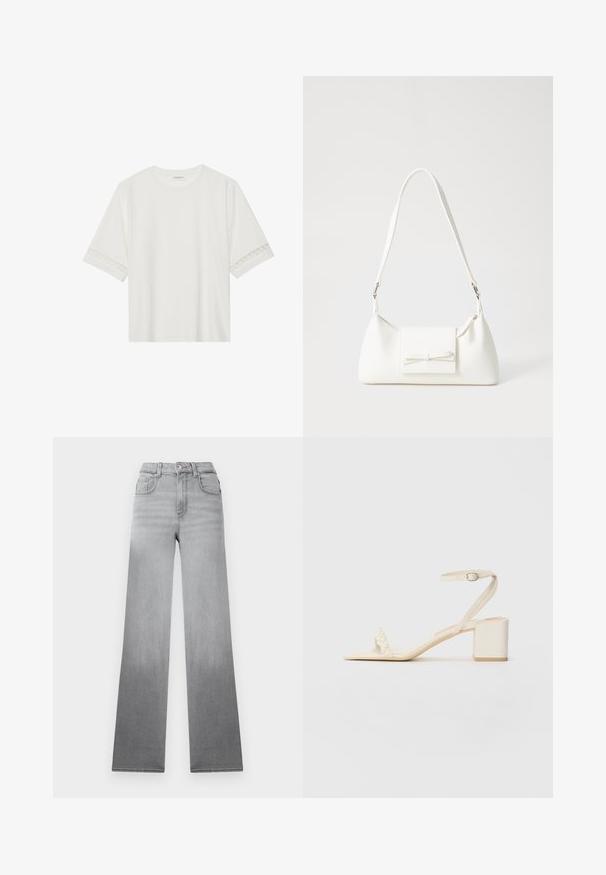 Bjela majica kratkih rukava od pamuka, s dekorativnom čipkastom obrubom duž rukava i okruglim izrezom.; Sive traperice s izblijedjelim ombré efektom, visokim strukom, klasičnim pet džepovima i ravnim, širokim nogavicama izrađene od traper tkanine.; Bež sandale na blok petu od glatkog materijala, s tankim remenom oko gležnja i remenom za prste ukrašenim biserima. Ravna potplat.; Bijela sintetička torbica s trokutastim oblikom, ravnim prednjim poklopcem i detaljem u obliku mašne, podesivom remenom, glatkom teksturom i minimalističkim dizajnom.