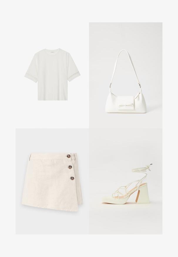 Balta trumpomis rankovėmis marškinėliai, pagaminti iš medvilnės, su dekoratyviais nėriniais aplink rankoves ir apvaliu kaklu.; Kremo spalvos lininė sijonas su apvyniojimo dizainu, su trimis rudais mygtukais šone ir truputį tekstūruoto audinio paviršiumi.; Balti aukštakulniai sandalai su masyviu kulnu, su dirželių dizainu ir kulkšnies raiščiu. Lygi tekstūra su platforma priekyje, suteikianti papildomą aukštį.; Balta sintetinė rankinė trikampio formos, plokščiu priekiu su užsegimu, kaspino detale, reguliuojama dirželiu, lygia tekstūra ir minimalistišku dizainu.