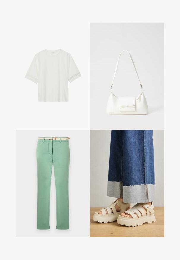 Bjela majica kratkih rukava od pamuka, s dekorativnom čipkastom obrubom duž rukava i okruglim izrezom.; Svijetlozelene hlače od pamuka, ravnog kroja, s pletenim bež remenom i prednjim džepovima. Glatka tekstura s minimalnim šavovima.; Bež platforme sandale s debelim potplatima imaju dizajn s trakama i podesivim remenima oko gležnja. Nanesene su uz široke traperice, a jedna nogavica je pohabana.; Bijela sintetička torbica s trokutastim oblikom, ravnim prednjim poklopcem i detaljem u obliku mašne, podesivom remenom, glatkom teksturom i minimalističkim dizajnom.