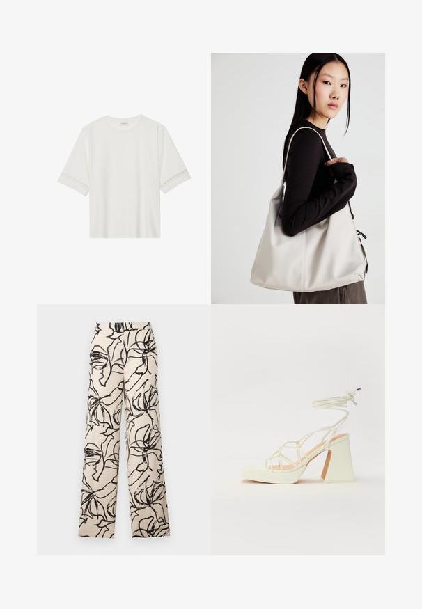 Valkoinen lyhythihainen t-paita, joka on valmistettu puuvillasta ja jossa on koristeellinen pitsireunus hihojen ympärillä sekä pyöreä pääntie.; Housut, joissa on leveät lahkeet, kevyestä kankaasta, jossa on kerma beige tausta ja abstrakti musta kukkakuosi kauttaaltaan.; Valkoinen korkokenkä, jossa on paksu korko, ja joka sisältää nauhakiinnityksen ja nilkkaketjun. Sujuva pinta, jossa on platform-etupohja lisäkorkeutta varten.; Beige laukku, joka on valmistettu pehmeästä materiaalista, ja siinä on rento muotoilu, ommeltu yksityiskohtia ja kaksi olkahihnaa. Sopii päivittäiseen käyttöön.