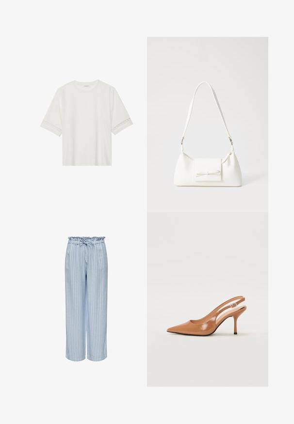 Vit kortärmad t-shirt i bomull, med dekorativa spetsdetaljer längs ärmarna och rund halsringning.; Ljusblå, randiga, vida byxor med en samlad elastisk midja och justerbar dragsko. Mjukt tyg med en slät yta.; Tåspets slingback-häl i ett slätt, glansigt brunt material. Har en kurvad utskärning och en smal stilettklack. Silverdetalj med spänne.; Vit syntetisk handväska med triangulär form, platt framklaff och rosettdetalj, justerbar rem, slät textur och minimalistisk design.