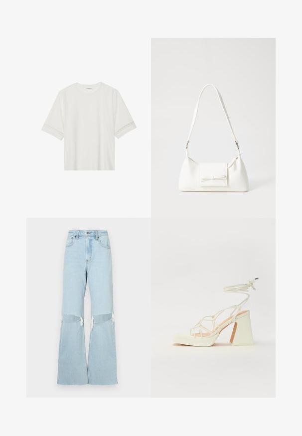 T-shirt branco de manga curta feito de algodão, com bainha de renda decorativa nas mangas e decote redondo.; Jeans de ganga de corte largo em azul claro com recortes nos joelhos, bainhas desfidas e cintura alta. Apresenta fecho frontal com botão e fecho de correr, design clássico de cinco bolsas.; Sandálias brancas de salto alto com um salto robusto, apresentando um design com tiras e amarração no tornozelo. Textura suave com uma plataforma na frente para altura adicional.; Mala sintética branca com formato triangular, aba frontal plana e detalhe de laço, alça ajustável, textura suave e design minimalista.
