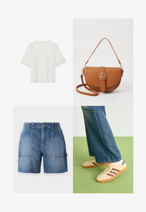 Camiseta blanca de manga corta hecha de algodón, con un ribete decorativo de encaje en las mangas y un escote redondo.; Shorts de mezclilla en azul claro con dobladillo deshilachado, que cuentan con una cintura ajustada, pasadores para cinturón y dos bolsillos frontales.; Zapatillas beige con paneles de crema texturizados y rayas marrones, combinadas con unos jeans de mezclilla azul. Los jeans tienen un corte de pierna ancha y dobladillo deshilachado.; Bolso bandolera de cuero marrón con forma curvada, herrajes dorados y un acento de hebilla. Incluye una correa de hombro desmontable.