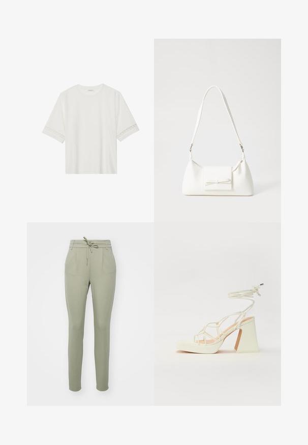 White short-sleeve t-shirt made from cotton, featuring decorative lace trim along the sleeves and a round neckline.; Light green tapered pants with a drawstring waist, front pleats, and elastic cuffs, made from soft, smooth fabric.; White high-heeled sandal with a chunky heel, featuring a strappy design and ankle tie. Smooth texture with a platform front for added height.; White synthetic handbag with a triangular shape, flat front flap and bow detail, adjustable strap, smooth texture, and minimalistic design.