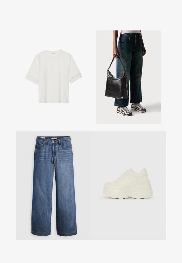 Balta trumpomis rankovėmis marškinėliai, pagaminti iš medvilnės, su dekoratyviais nėriniais aplink rankoves ir apvaliu kaklu.; Mėlynos džinsinės plačių kojų kelnės, turinčios aukštą liemenį, penkis kišenes ir kontrastingą oranžinį siūlų dygsniavimą. Lygus paviršius, be papuošimų.; Baltos platformos sportbačiai su lygiu odos primenančiu paviršiumi, apvalia forma, paminkštintu apykakle ir tekstūruotu guminiu padu su ryškiais protektoriais.; Juodas odinis peties krepšys su lygiu paviršiumi ir reguliuojama dirželiu, derinamas su nublukusiais plačiapurčiais džinsais ir sportiniais batais.