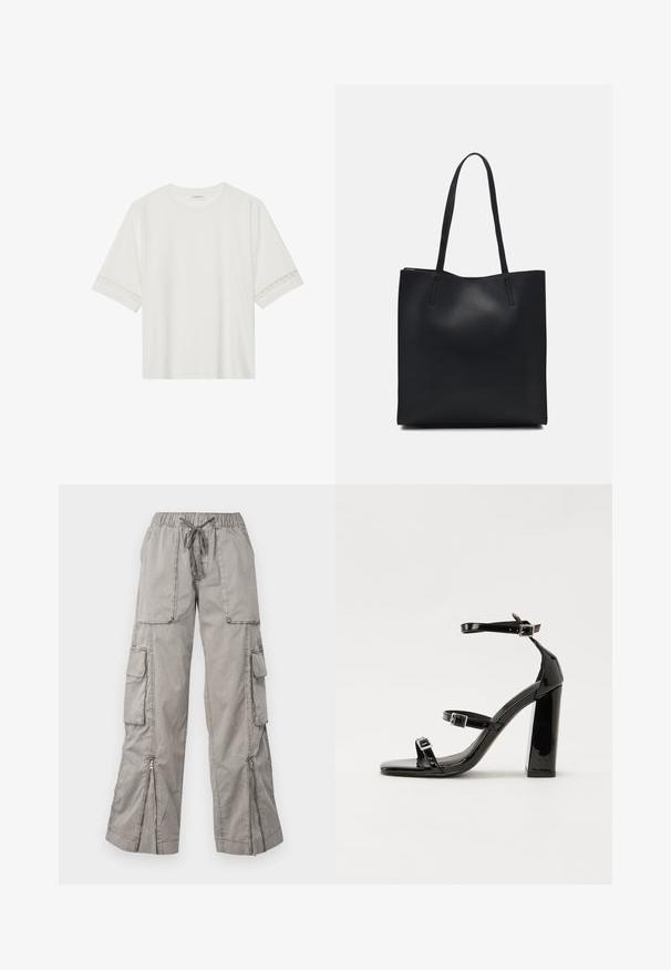Fehér, rövid ujjas póló, pamutból készült, díszes csipkés szegéllyel az ujjak mentén és kerek nyakkivágással.; Világosszürke cargo nadrág, elasztikus derékbanddal, állítható kötővel, több oldalsó zsebbel és cipzáras szegéllyel. Puha, könnyű anyagból készült.; Fekete lakk magas sarkú szandál négyzet alakú orral, bokapántokkal és ezüst csatokat tartalmaz. Masszív blokk sarka a stabilitásért felel.; Fekete bőrtáska sima felszínnel, téglalap alakú, két hosszú füllel. Nincs látható fémkiegészítő vagy díszítés.