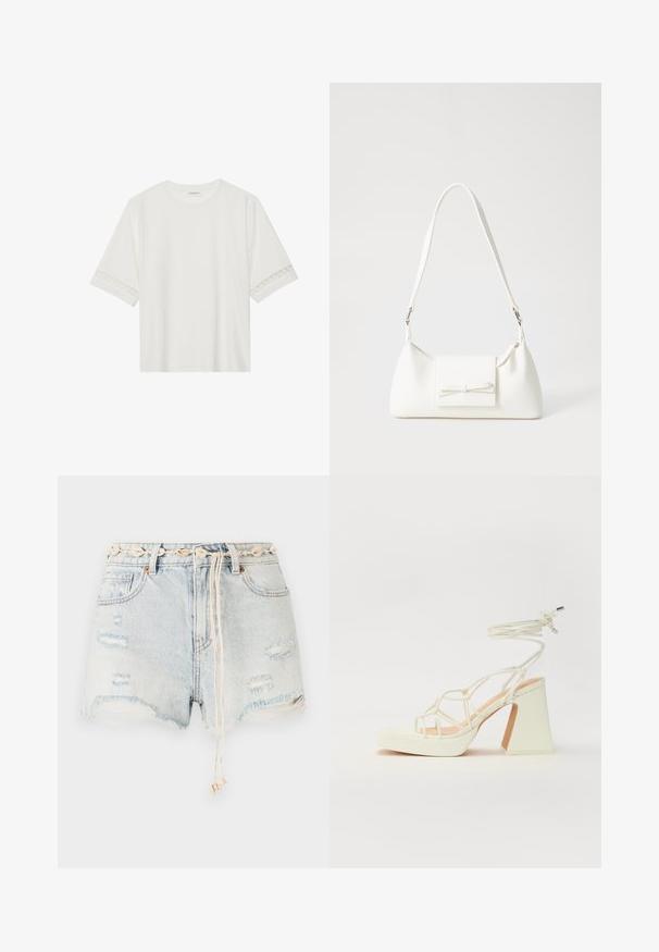 Biele tričko s krátkym rukávom vyrobené z bavlny, s dekoratívnym čipkovým lemovaním pozdĺž rukávov a okrúhlym výstrihom.; Denimové šortky svetlomodrej farby s opotrebovaným vzhľadom a rozstrapkanej spodnej časti. Obsahujú dekoratívny pás z mušlí a šnúrku s béžovými akcentmi.; Biele sandále na vysokom opätku s hrubým podpätkom, s pruhovaným dizajnom a viazaním na členku. Hladký povrch s platformou vpredu pre zvýšenú výšku.; Biela syntetická kabelka s trojuholníkovým tvarom, plochým predným klapkou a detailom mašle, nastaviteľným popruhom, hladkou textúrou a minimalistickým dizajnom.