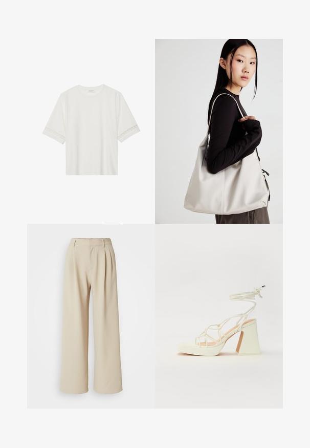 White short-sleeve t-shirt made from cotton, featuring decorative lace trim along the sleeves and a round neckline.; Beige wide-leg trousers featuring a high waist, pleated front, and smooth fabric texture. No visible fastenings or patterns.; White high-heeled sandal with a chunky heel, featuring a strappy design and ankle tie. Smooth texture with a platform front for added height.; Beige handbag made of soft material, featuring a slouchy design, stitched detailing, and two shoulder straps. Suitable for everyday use.