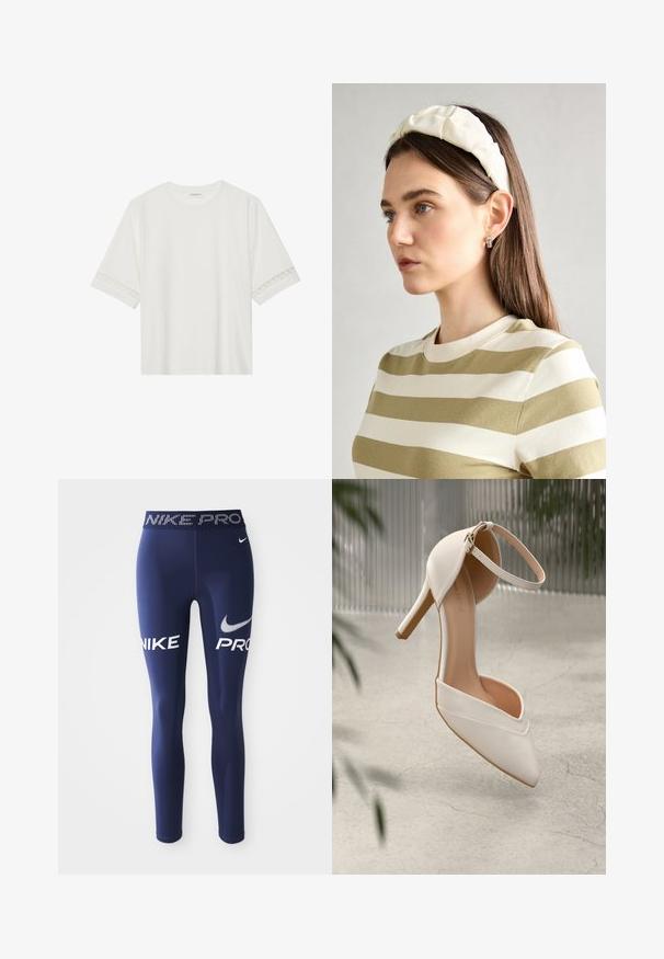 Valkoinen lyhythihainen t-paita, joka on valmistettu puuvillasta ja jossa on koristeellinen pitsireunus hihojen ympärillä sekä pyöreä pääntie.; Tummansiniset urheilulegginsit, jotka on valmistettu joustavasta kankaasta ja joissa on "NIKE" ja "PRO" -tekstit paksulla valkoisella fontilla sivuilla sekä kuviollinen vyötärö.; Valkoinen korkokenkä sileästä materiaalista, jossa on terävä kärki ja nilkkahihna. Sisäosa on vaaleanruskea, ja siinä on kultasävyinen koriste.; Kermainen pehmustettu pääpanta, jossa on kiertävä muotoilu, yhdistettynä beige-valkoraidalliseen puseroon, jossa on pyöreä pääntie. Huomaamaton koruasu.