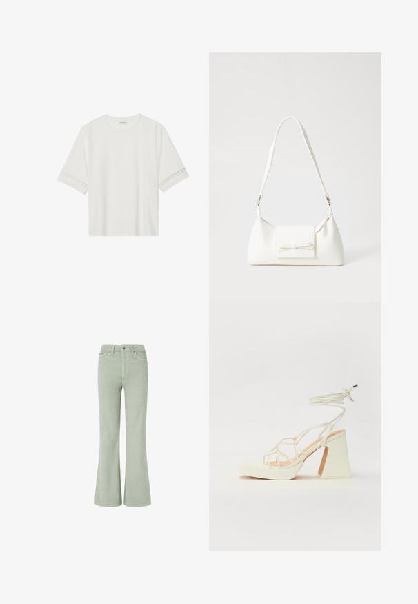Balta trumpomis rankovėmis marškinėliai, pagaminti iš medvilnės, su dekoratyviais nėriniais aplink rankoves ir apvaliu kaklu.; Žalios vyriškos flared džinsai su vidutiniu juosmeniu, turintys priekinės kišenes, mygtuko užtraukimą ir švelnią tekstūrą.; Balti aukštakulniai sandalai su masyviu kulnu, su dirželių dizainu ir kulkšnies raiščiu. Lygi tekstūra su platforma priekyje, suteikianti papildomą aukštį.; Balta sintetinė rankinė trikampio formos, plokščiu priekiu su užsegimu, kaspino detale, reguliuojama dirželiu, lygia tekstūra ir minimalistišku dizainu.