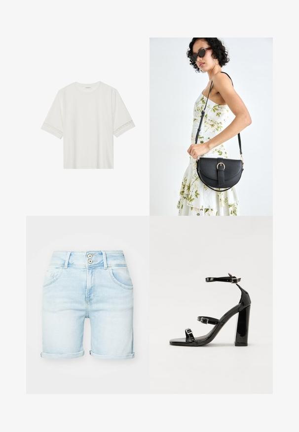 Balta īsām piedurknēm T-kreklu, izgatavotu no kokvilnas, ar dekoratīvu mežģīņu apdari ap piedurknēm un apaļu kakla izgriezumu.; Gaiši zili džinsu šorti ar augstu jostu, sarullētiem maliņām, diviem pogu aizdari un priekšējām kabatām. Gluda tekstūra ar izbalējušu apdari.; Melnas lakotas augstpapēžu čības ar kvadrāta purngalu, potīšu siksniņām un sudraba sprādzēm. Aprīkotas ar masīvu bloku papēdi stabilitātei.; Melnas ādas rokassoma ar izliekta formu, noņemamu siksnu un zelta aksesuāriem. Somai ir vāciņš ar sprādzes detaļu.