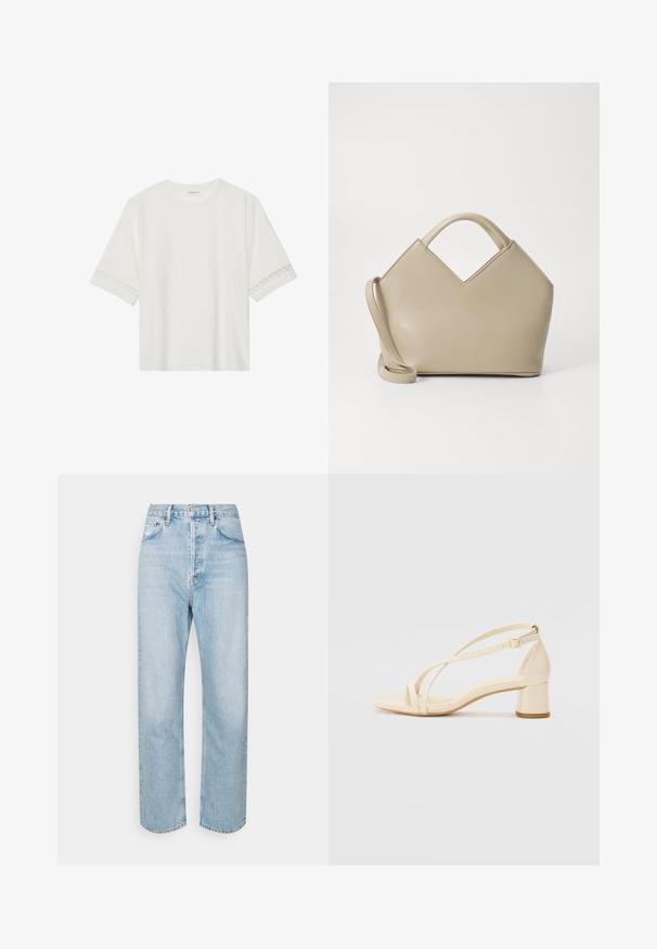 Camiseta blanca de manga corta hecha de algodón, con un ribete decorativo de encaje en las mangas y un escote redondo.; Jeans de mezclilla azul claro con un diseño de pierna recta, cintura alta, cinco bolsillos y una textura ligeramente deslavada. Cierre de botón metálico en la cintura.; Sandalias de tacón beige con tacón bloque, diseño de tiras y correa ajustable en el tobillo, hechas de material sintético suave con un acabado mate.; Bolso estructurado beige con una parte superior en forma de V, material de cuero suave, asas cortas y una correa larga y ajustable. Diseño minimalista.