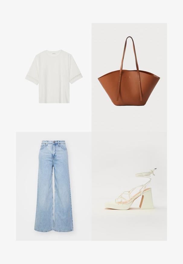 Valge lühikese varrukaga T-särk, mis on valmistatud puuvillast, kaunistatud pitsiga varrukate ääres ja ümmarguse kaelusega.; Heledad helesinises denimist valmistatud laiad teksad, millel on kõrge vöökoht, nööbi sulgur ja õrn fadeeritud efekt. Servad on servadelt lõigatud.; Valged kõrge kontsaga sandaalid, millel on paks konts ja rihmadega disain koos pahkluu sidumisega. Sile tekstuur ja platvorm ees, et lisada kõrgust.; Pruunist nahast kott, millel on lai ja struktureeritud kuju, õhukesed sangad ja tekstureeritud viimistlus. Omab minimalistlikku disaini, kus ei ole nähtavat riistvara.