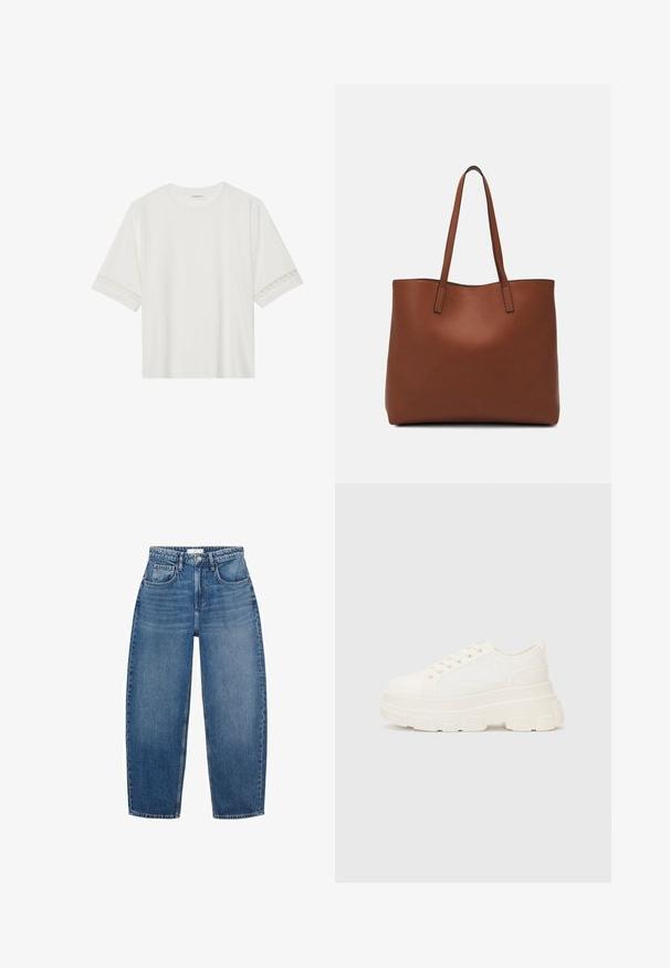 Vit kortärmad t-shirt i bomull, med dekorativa spetsdetaljer längs ärmarna och rund halsringning.; Högmidjade blå denimjeans med rak bendesign, utrustade med fem fickor, bälteshällor och subtila blekningar för extra textur.; Vitcanvas sneakers med en chunky sula, rund tå och fem öglor för snören. Bakre tab för enkel påtagning. Slät yta, minimalistisk design.; Brun läder tote-väska med en slät textur, öppen toppdesign och två axelremmar. Har minimal söm och ingen synlig metalldetalj.