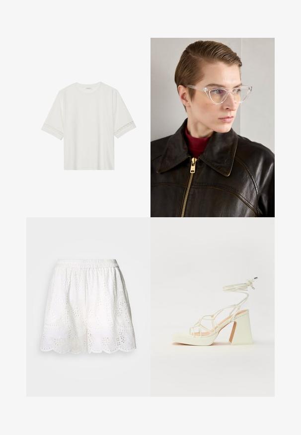 Bílé tričko s krátkým rukávem vyrobené z bavlny, s dekorativní krajkovou aplikací na rukávech a kulatým výstřihem.; Cras Šortky - white; Bílé sandály na vysokém podpatku s robustním podpatkem, s designem s pásky a zavazováním kolem kotníku. Hladký povrch s platformou vpředu pro zvýšení výšky.; Průhledné acetátové brýle ve tvaru kočičích očí se žlutě zbarvenými skly, které nosí osoba v tmavé kožené bundě a červeném roláku. Hladký povrch.
