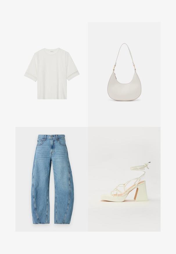 Tricou alb cu mânecă scurtă, confecționat din bumbac, cu dantelă decorativă pe marginea mânecilor și un guler rotund.; Jeans din denim de culoare albastru deschis, cu un design cu picioare late, prezentând zone decolorate, buzunare frontale și un model de cusătură distinctiv pe laterale.; Sandale albe cu toc înalt și gros, cu un design cu curele și legătură la gleznă. Textură netedă, cu o platformă frontală pentru înălțime suplimentară.; Geantă de umăr din piele crem, cu o formă de semilună, curea subțire și detalii de cusătură discrete. Design minimalist cu accente din metal placat cu aur.