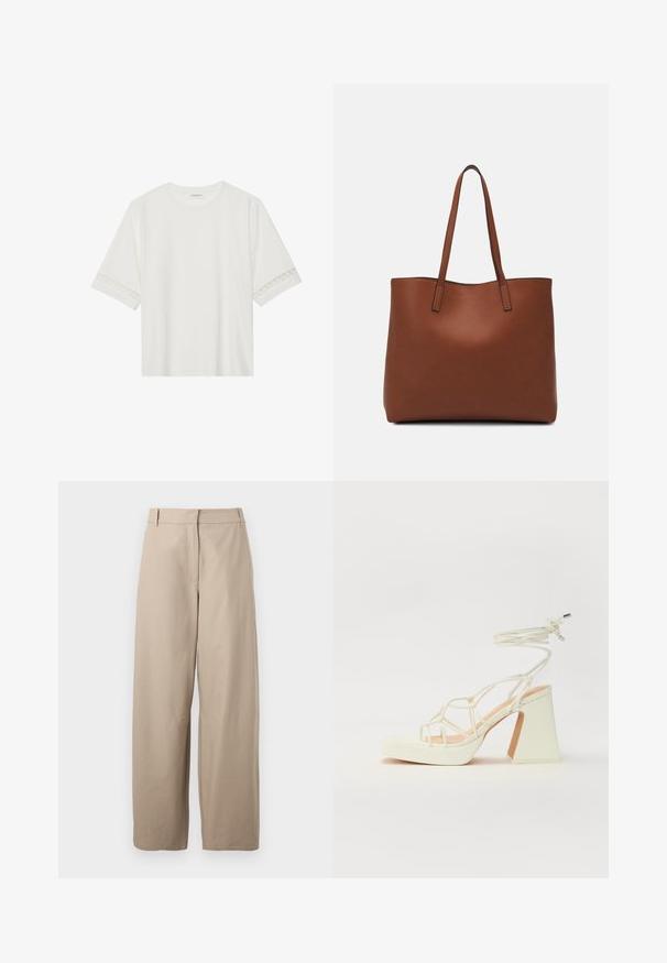 Bjela majica kratkih rukava od pamuka, s dekorativnom čipkastom obrubom duž rukava i okruglim izrezom.; Bež hlače širokih nogavica od pamuka. Imaju ravni prednji deo, dva bočna džepa i glatku teksturu. Jednostavan, funkcionalan dizajn.; Bijela sandala na visokoj potpetici s debelim petom, s remenom i vezanjem oko gležnja. Glatka tekstura s platformom sprijeda za dodatnu visinu.; Smeđa kožna torba preko ramena s glatkom teksturom, otvorenim vrhom i dvjema naramenicama. Ima minimalne šavove i nema vidljivog hardvera.