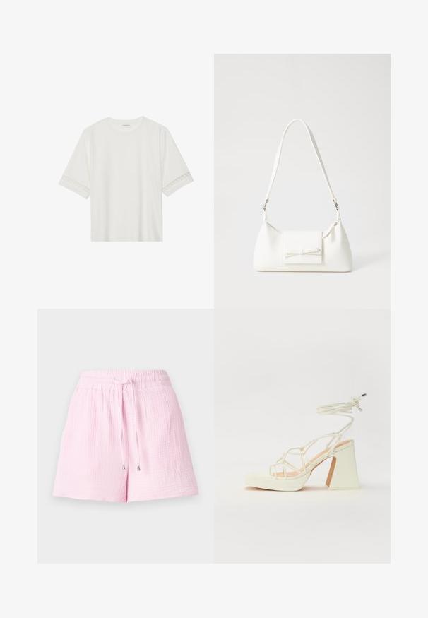 White short-sleeve t-shirt made from cotton, featuring decorative lace trim along the sleeves and a round neckline.; Light pink shorts made of textured fabric. Feature an elastic waistband with a drawstring and silver tips, designed for comfort.; White high-heeled sandal with a chunky heel, featuring a strappy design and ankle tie. Smooth texture with a platform front for added height.; White synthetic handbag with a triangular shape, flat front flap and bow detail, adjustable strap, smooth texture, and minimalistic design.
