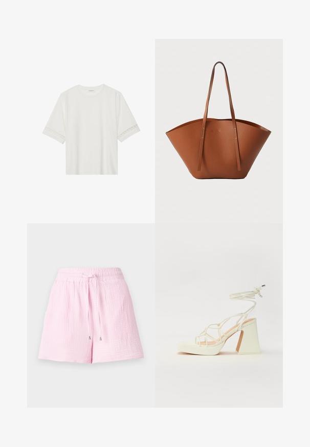 White short-sleeve t-shirt made from cotton, featuring decorative lace trim along the sleeves and a round neckline.; Light pink shorts made of textured fabric. Feature an elastic waistband with a drawstring and silver tips, designed for comfort.; White high-heeled sandal with a chunky heel, featuring a strappy design and ankle tie. Smooth texture with a platform front for added height.; Brown leather tote bag with a wide, structured shape, thin handles, and a textured finish. Features minimalistic design with no visible hardware.