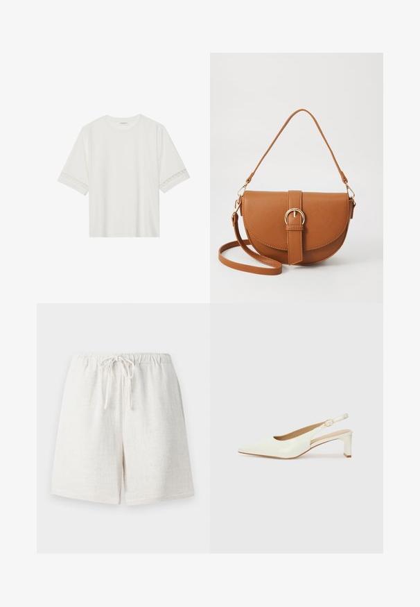 T-shirt blanc à manches courtes en coton, avec des bordures en dentelle décoratives le long des manches et un col rond.; Shorts en lin de couleur blanc crémeux avec une taille élastique et un cordon de serrage. Présente une surface texturée et une coupe décontractée.; Escarpin en cuir verni blanc, à bout pointu et à petit talon bloc. Comprend une fine sangle avec un détail de boucle dorée.; Sac bandoulière en cuir marron avec une forme incurvée, quincaillerie dorée et un accent en boucle. Comprend une bandoulière détachable.