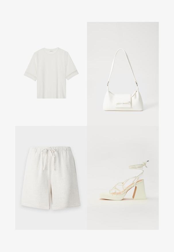 T-shirt bianco a maniche corte in cotone, con bordi in pizzo decorativi lungo le maniche e scollo rotondo.; Pantaloni shorts in lino di colore bianco crema con vita elasticizzata e coulisse. Presentano una superficie testurizzata e un design morbido.; Sandalo bianco con tacco alto, caratterizzato da un design a cinturini e un legaccio alla caviglia. Texture liscia con una piattaforma frontale per un'altezza aggiuntiva.; Borsa sintetica bianca a forma triangolare, con patta anteriore piatta e dettaglio a fiocco, tracolla regolabile, texture liscia e design minimalista.