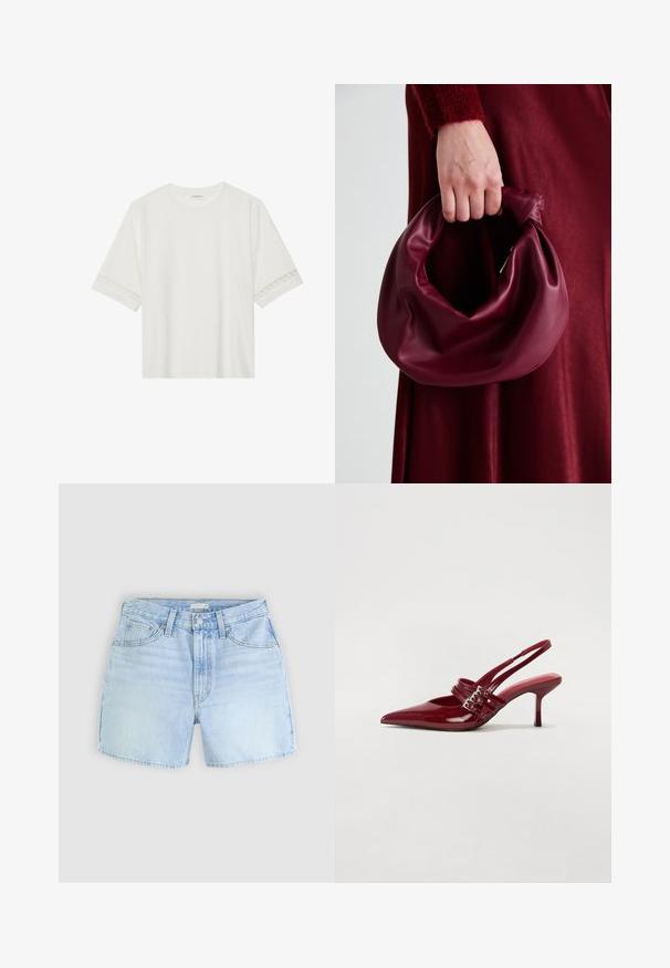 Balta īsām piedurknēm T-kreklu, izgatavotu no kokvilnas, ar dekoratīvu mežģīņu apdari ap piedurknēm un apaļu kakla izgriezumu.; Gaiši zili džinsu šorti ar piecu kabatu dizainu, pogu aizdari un nedaudz saplēstu malām. Audumam ir maiga, teksturēta izskata.; Sarkana lakota ādas kurpju kurpes ar atvērtu papēdi, norādītu purngalu, divām sprādzēm un slaidu, vidēja augstuma stiletu papēdi. Gluda tekstūra.; Burgundijas ādas rokassoma ar mīkstu, sakrautu dizainu un apaļu formu. Rokturi ir nostiprināti, parādot gludu tekstūru.