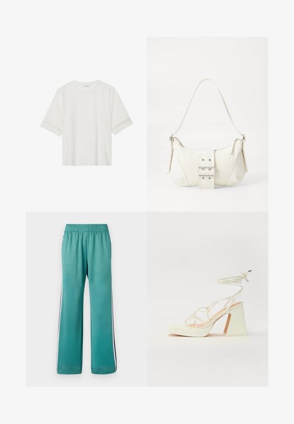 Tricou alb cu mânecă scurtă, confecționat din bumbac, cu dantelă decorativă pe marginea mânecilor și un guler rotund.; Pantaloni de trening teal cu talie elastică, picioare largi și dungi laterale în albastru închis și alb. Material neted cu finisaj mat.; Sandale albe cu toc înalt și gros, cu un design cu curele și legătură la gleznă. Textură netedă, cu o platformă frontală pentru înălțime suplimentară.; Geantă albă de umăr cu un finisaj texturat, un accent cu cataramă centrală și o formă curbată. Încărcătoare cu fermoar pe ambele laturi.