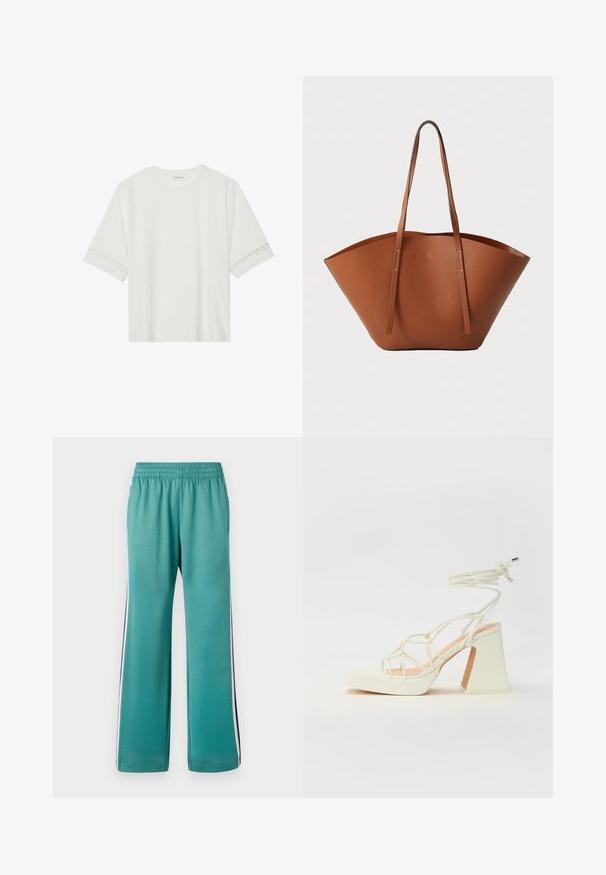 Bela kratka majica s kratkimi rokavi iz bombaža, okrašena z dekorativnim čipkastim robom ob rokavih in okroglo izrezom.; Turkizne trenirke z elastičnim pasom, širokimi nogami in stranskimi črtami v temno modri in beli barvi. Gladek material z mat površino.; Bela sandala na visokih petah s debelim petam, ki ima obliko trakcev in vezanje okoli gležnja. Gladka tekstura z platformo spredaj za dodatno višino.; Rjava usnjena torba tote z široko, strukturirano obliko, tankimi ročaji in teksturirano površino. Opremljena je z minimalističnim oblikovanjem brez vidne opreme.