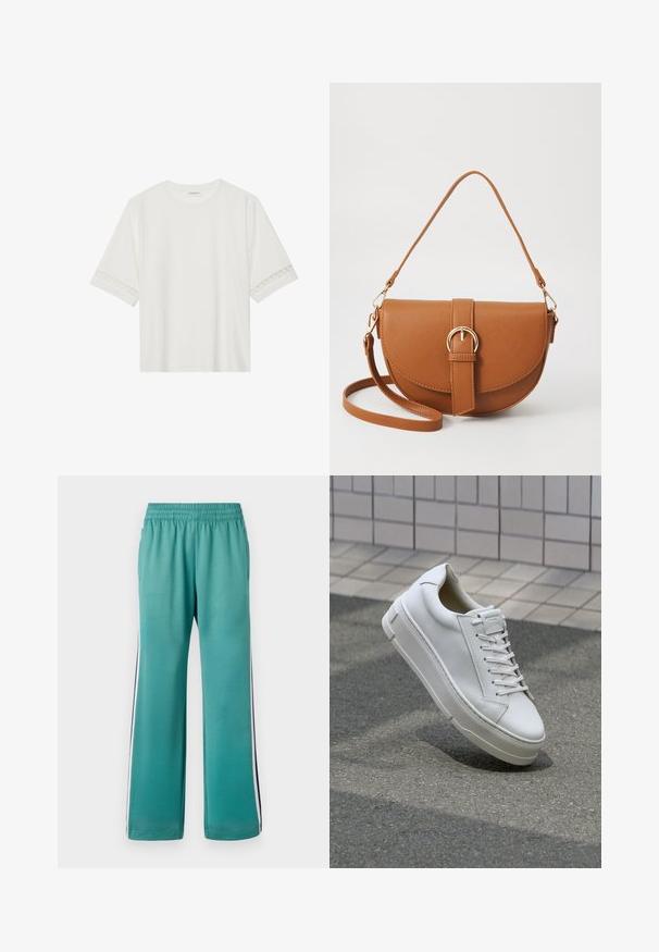 Hvid kortærmet t-shirt lavet af bomuld, med dekorativ blondekant langs ærmerne og en rund halsudskæring.; Teal sweatpants med elastisk talje, brede ben og sidelister i marineblå og hvid. Glat stof med mat overflade.; Hvide lædersneakers med lavt design, flade snører, rund tå og strukturerede sider. Tyk gummisål med diskrete detaljer.; Brun læder crossbody taske med en buet form, guldfarvet hardware og en spændeaccent. Har en aftagelig skulderrem.