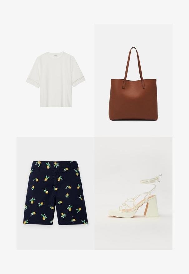 Tricou alb cu mânecă scurtă, confecționat din bumbac, cu dantelă decorativă pe marginea mânecilor și un guler rotund.; Shorts bleumarin cu un model de lămâie și frunze. Fabricate dintr-un material ușor, cu o croială dreaptă și buzunarelaterale.; Sandale albe cu toc înalt și gros, cu un design cu curele și legătură la gleznă. Textură netedă, cu o platformă frontală pentru înălțime suplimentară.; Geantă de umăr din piele maro cu o textură netedă, design cu vârf deschis și două curele pentru umăr. Prezintă cusături minime și fără componente metalice vizibile.