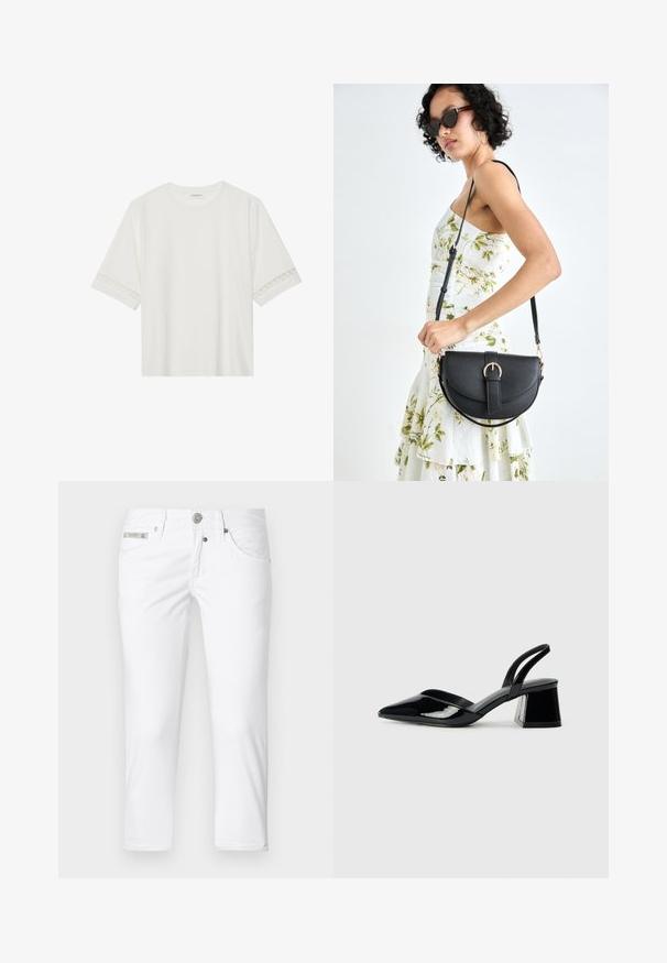 Hvit t-skjorte med kort erme laget av bomull, med dekorativ blondekant langs ermene og en rund halslinning.; Hvite denimbukser med slim passform, fem lommer og knappelukking. Har en metallisk logo aksent på midjebåndet. Jevn tekstur.; Svarte patentlær slingback hæler med spiss tå og geometrisk blokk hæl. Har et stilrent, minimalistisk design og jevn tekstur.; Svart lærveske med en buet form, avtagbar stropp og gullbeslag. Vesken har et klaff med spenne-detall.