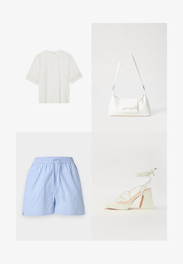 Camiseta blanca de manga corta hecha de algodón, con un ribete decorativo de encaje en las mangas y un escote redondo.; Pantalones cortos de cuadros azul y blanco con una cintura elástica y cordón ajustable. Tejido de algodón suave, corte relajado y aberturas laterales.; Sandalia de tacón alto blanca con un tacón grueso, que presenta un diseño de tiras y un lazo en el tobillo. Textura suave con una plataforma en la parte delantera para mayor altura.; Bolso sintético blanco con forma triangular, tapa frontal plana y detalle de lazo, correa ajustable, textura suave y diseño minimalista.
