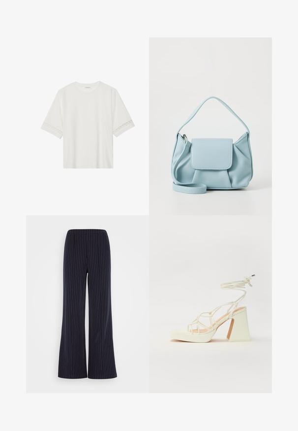 T-shirt branco de manga curta feito de algodão, com bainha de renda decorativa nas mangas e decote redondo.; Calças largas azul-marinho com riscas brancas verticais, cintura elástica e textura de tecido suave, proporcionando um ajuste descontraído.; Sandálias brancas de salto alto com um salto robusto, apresentando um design com tiras e amarração no tornozelo. Textura suave com uma plataforma na frente para altura adicional.; Bolsa de mão de couro azul claro com alça superior, bolso frontal com aba e alça de pulso destacável, em fundo branco.