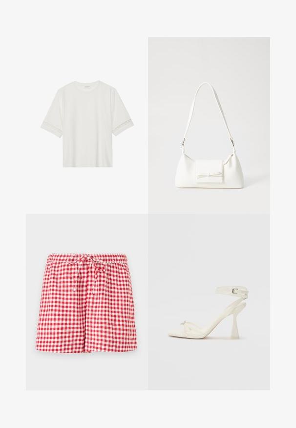 T-shirt bianco a maniche corte in cotone, con bordi in pizzo decorativi lungo le maniche e scollo rotondo.; Bermuda a quadretti rossi e bianchi con vita elastica e cordino. Caratterizzata da una vestibilità comoda e orli rifiniti. Il tessuto sembra leggero.; Sandalo con tacco alto e fasce in pelle bianca, dal design elegante, con un tacco a blocco trasparente e un elemento decorativo sulla punta.; Borsa sintetica bianca a forma triangolare, con patta anteriore piatta e dettaglio a fiocco, tracolla regolabile, texture liscia e design minimalista.