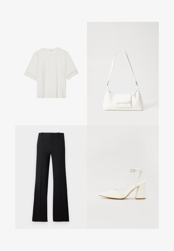 White short-sleeve t-shirt made from cotton, featuring decorative lace trim along the sleeves and a round neckline.; Black flared trousers with a smooth texture, featuring a tailored waist, belt loops, and a clean design that extends to a wide hem.; White heeled sandal with a pointed toe, adjustable ankle strap, and a chunky square heel. Smooth texture with minimal stitching details.; White synthetic handbag with a triangular shape, flat front flap and bow detail, adjustable strap, smooth texture, and minimalistic design.