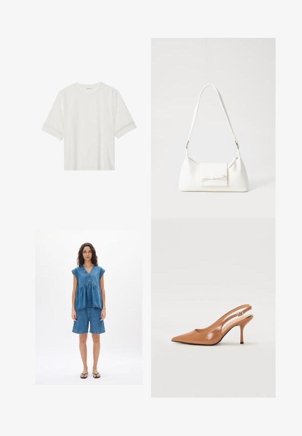 Balta īsām piedurknēm T-kreklu, izgatavotu no kokvilnas, ar dekoratīvu mežģīņu apdari ap piedurknēm un apaļu kakla izgriezumu.; Džinsu apģērbs, kas sastāv no īsajām piedurknēm, V-veida kakla topa un ceļa garuma šortiem. Audums ir zils, ar brīvu piegriezumu un redzamām šuvēm.; Izteikts pirksta siksnas zābaks, izgatavots no gludas, spīdīgas brūnas materiāla. Piedāvā izliekta izgriezuma dizainu un smalku stiletto papēdi. Sudraba sprādze.; Balta sintētiska soma ar trīsstūrveida formu, plakanu priekšējo vāciņu un loku detaļu, regulējamu siksnu, gludu tekstūru un minimālistisku dizainu.