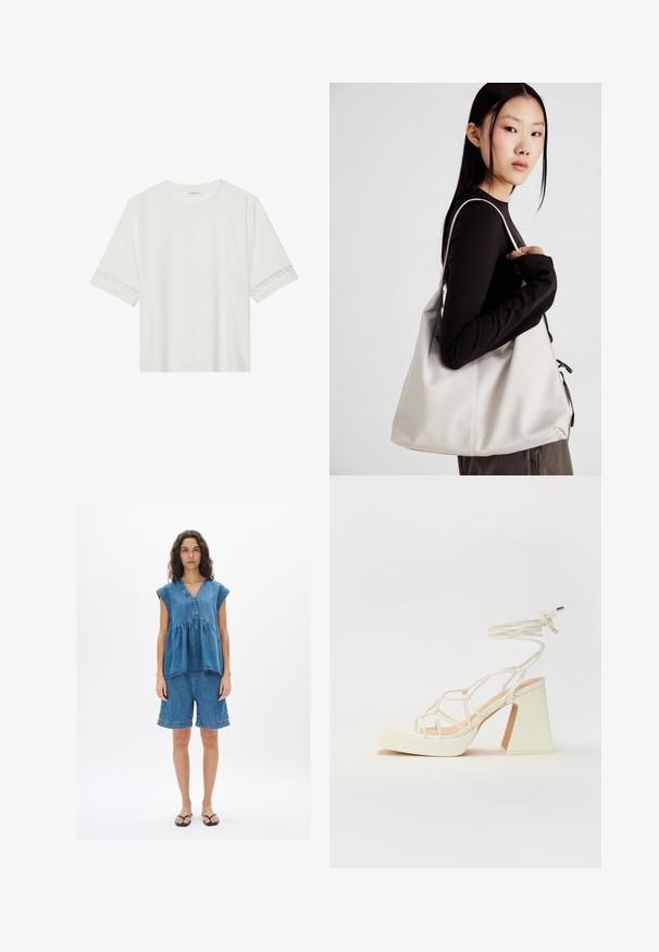 T-shirt bianco a maniche corte in cotone, con bordi in pizzo decorativi lungo le maniche e scollo rotondo.; Completo in denim con un top a maniche corte e scollatura a V e pantaloni corti al ginocchio. Il tessuto è blu, con una vestibilità ampia e dettagli di cucitura evidenti.; Sandalo bianco con tacco alto, caratterizzato da un design a cinturini e un legaccio alla caviglia. Texture liscia con una piattaforma frontale per un'altezza aggiuntiva.; Borsa a mano beige realizzata in materiale morbido, caratterizzata da un design morbido, dettagli cuciti e due manici. Adatta per l'uso quotidiano.